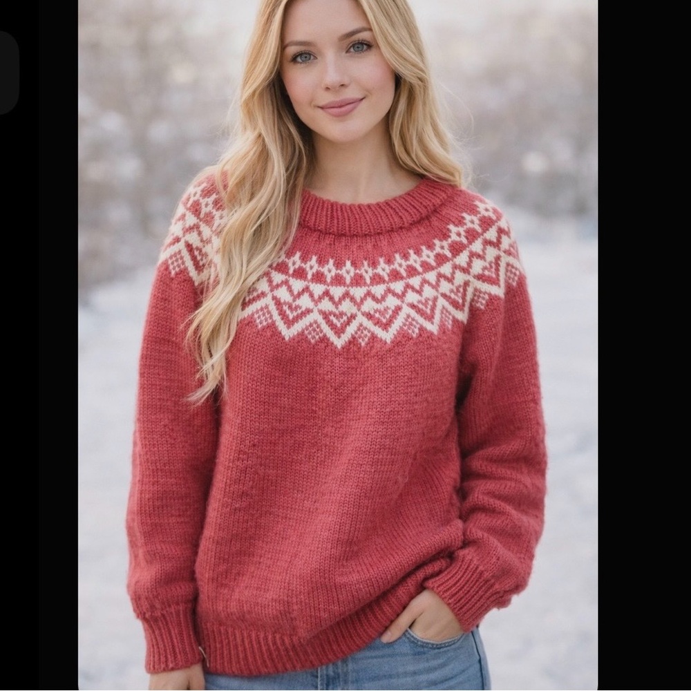 Cozy Pink Knit Sweater with White Pattern